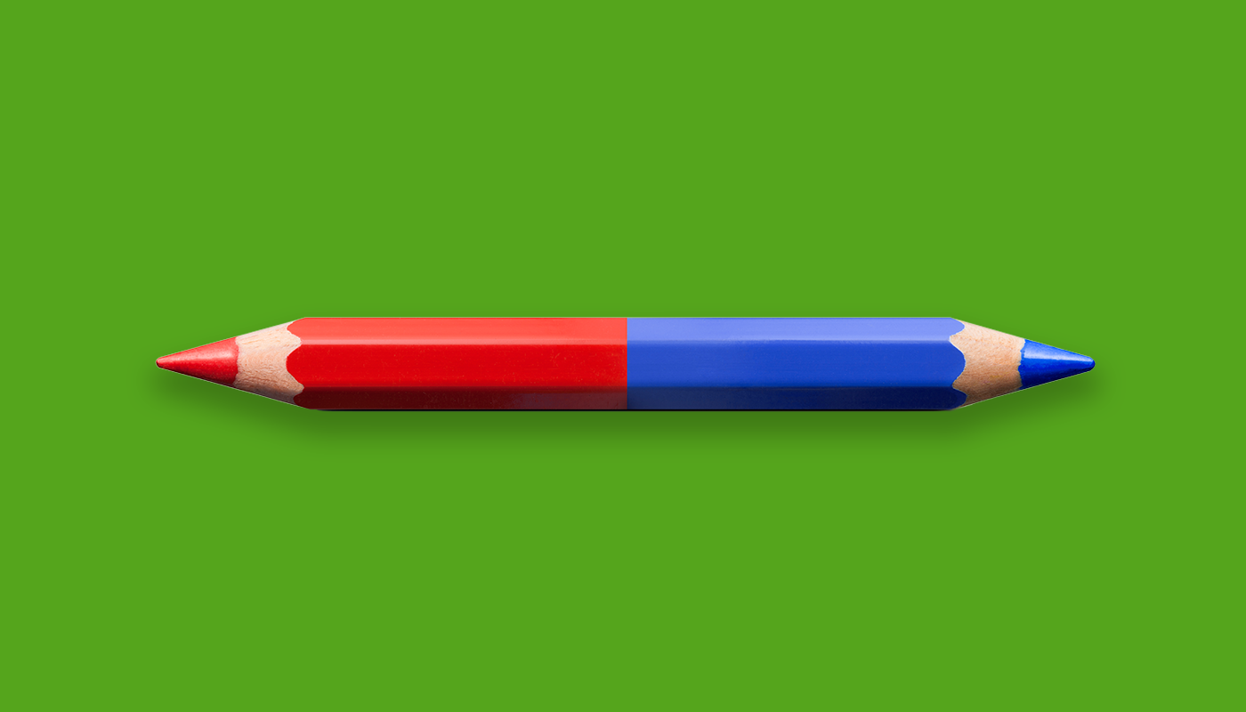 Sharpened pencil with one red side and one blue side